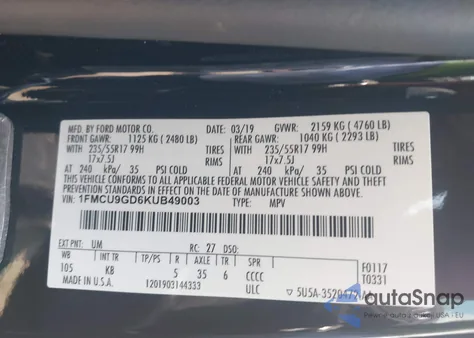 2019 Ford Escape Se from USA, damaged, VIN 1FMCU9GD6KUB49003